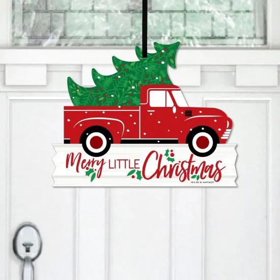 Big Dot of Happiness Merry Little Christmas Tree - Hanging Porch Red Truck Christmas Party Outdoor Decorations - Front Door Decor - 1 Piece Sign {1}