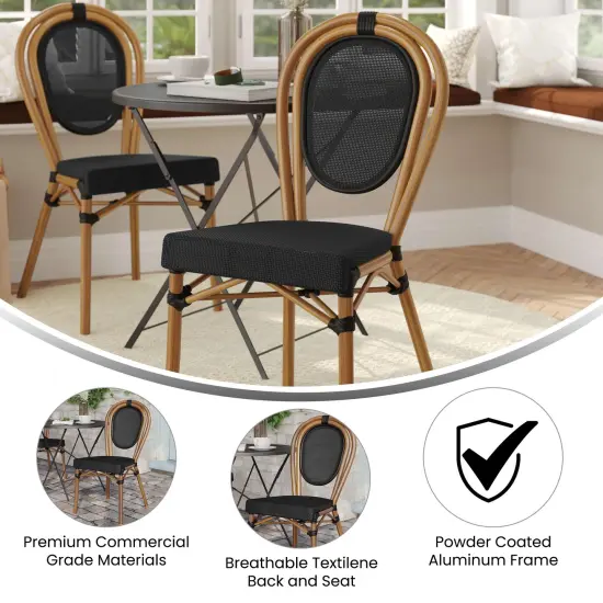 Merrick Lane Mael Stacking Thonet Bistro Style Chair with Textilene Seat and Bamboo Finished Metal Frame for Indoor/Outdoor Use Black&White/LightNat {10}