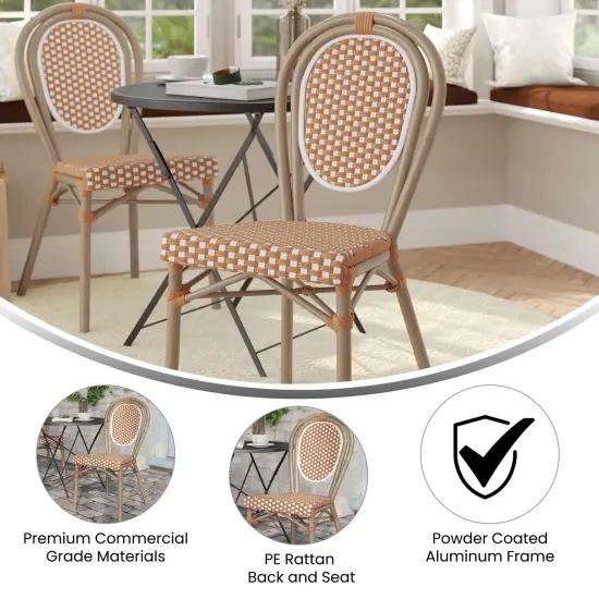 Merrick Lane Celia Stacking Thonet Bistro Style Chair, PE Rattan Seat, and Metal Frame for Indoor/Outdoor Use White&Gray/Natural {10}