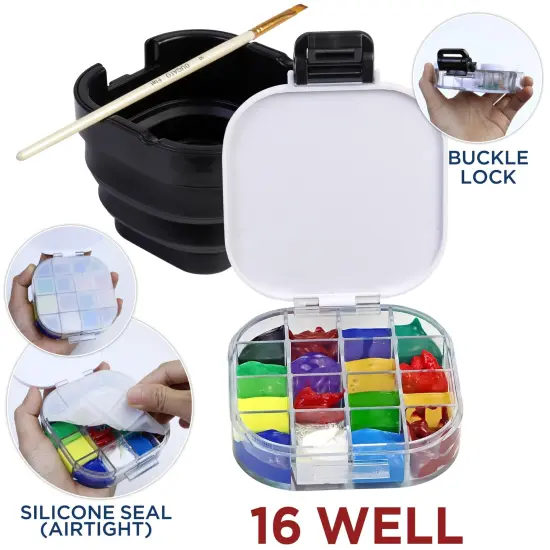 16 Well Empty Paint Organizer with Airtight Preservation, Each Cell Holds Up to 8ml of Paint Color for Easy Transportation, Small Lid Palette for Watercolor Gouache Acrylic Paint (Black) {6}
