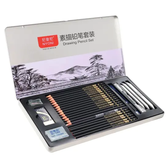 29 Pieces Sketching Pencils Set, Metal Box Packaging, Including Graphite Pencils、Charcoal Pencils、Blending Stumps and other tools for drawing (A set). {2}