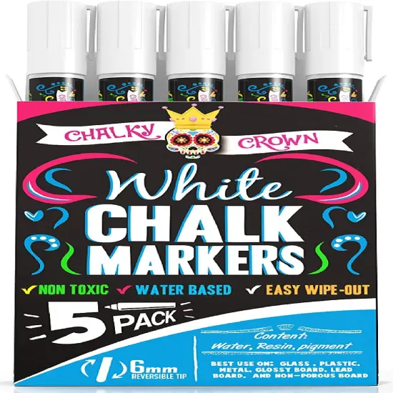 5 Pack Liquid Chalk Marker Pen - White Drawing Chalk - Chalkboard Markers for Chalkboard Signs, Windows, Blackboard, Glass - 6mm Reversible Tip - 24 Chalkboard Labels Included {2}