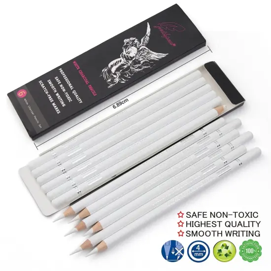 6 Pieces Professional White Charcoal Pencils Set -Sketch Highlight White Pencils for Drawing, Sketching, Shading, Blending, White Chalk Pencils for Beginners & Artists {2}