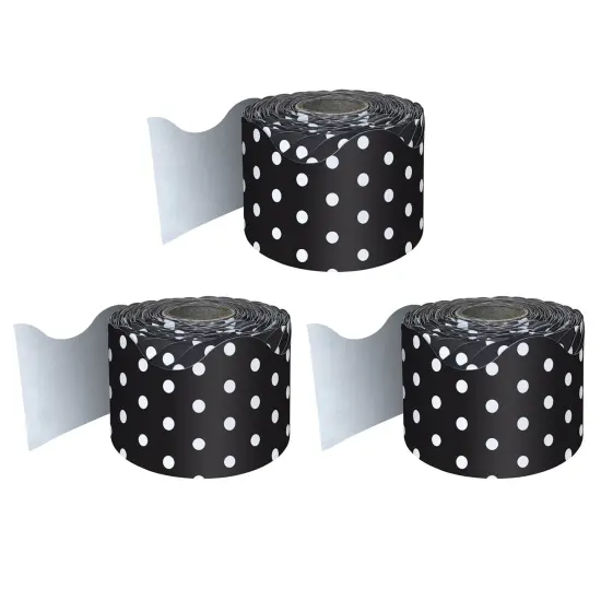 Black with White Polka Dots Rolled Scalloped Border, 65 Feet Per Roll, Pack of 3 {1}