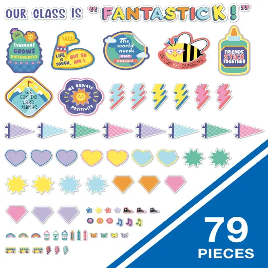Carson Dellosa We Stick Together Our Class is Fantastic 79 pc Bundle Bulletin Board Set, Retro Pennants and Heart Cutouts, Positive Affirmations, and More Groovy Classroom Decor {2}