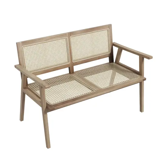 Indonesia Teak Wood Garden Bench With Armrests And Natural Rattan Backrest {3}