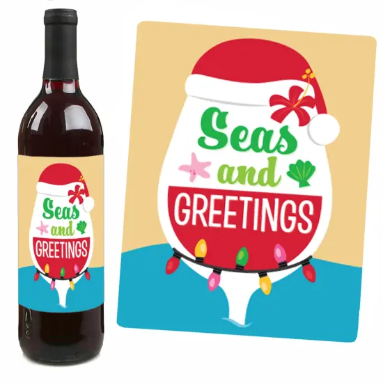 Big Dot of Happiness Tropical Christmas - Beach Santa Holiday Party Decorations for Women and Men - Wine Bottle Label Stickers - Set of 4 {7}