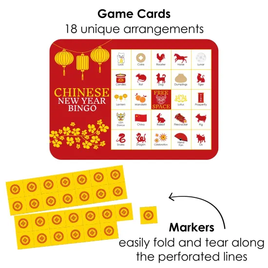 Big Dot of Happiness Lunar New Year - Bingo Cards and Markers - Party Bingo Game - Set of 18 {3}