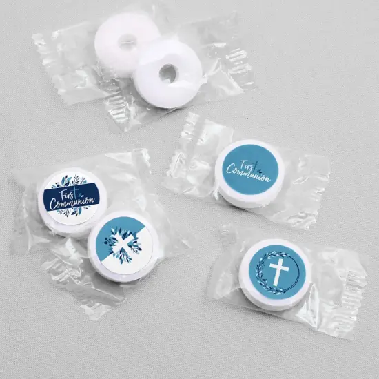 Big Dot of Happiness First Communion Blue Elegant Cross - Boy Religious Party Round Candy Sticker Favors - Labels Fits Chocolate Candy 1 sheet of 108 {4}