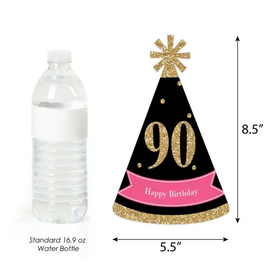 Big Dot of Happiness Chic 90th Birthday - Pink, Black and Gold - Cone Happy Birthday Party Hats for Adults - Set of 8 (Standard Size) {4}