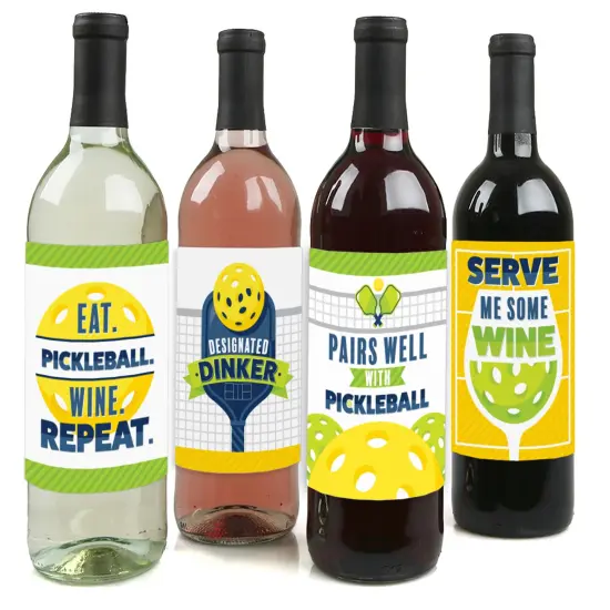 Big Dot of Happiness Let&rsquo;s Rally - Pickleball - Birthday or Retirement Party Decorations for Women and Men - Wine Bottle Label Stickers - Set of 4 {1}