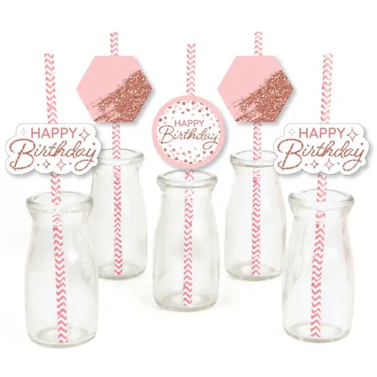 Big Dot of Happiness Pink Rose Gold Birthday - Paper Straw Decor - Happy Birthday Party Striped Decorative Straws - Set of 24 {1}
