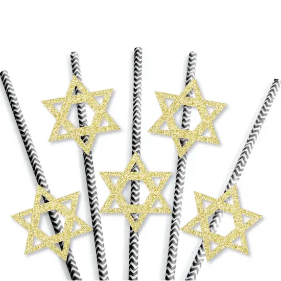 Big Dot of Happiness Gold Glitter Star of David Party Straws - No-Mess Real Gold Glitter Cut-Outs & Decorative Hanukkah Paper Straws - Set of 24 {4}