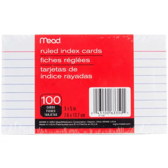 Mead Index Cards 3"X5" 100/Pkg-Ruled White {1}