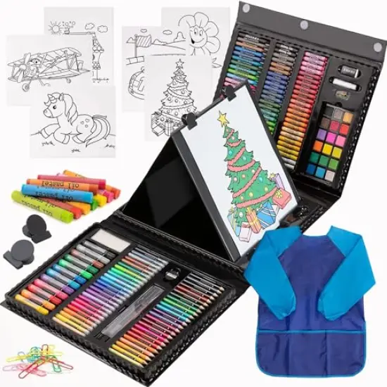 215 Piece Art Set Crafts Drawing Kit with Trifold Easel, Includes Preprinted Paper, Oil Pastels, Crayons, Colored Pencils, Smock & More Gifts for Girls Boys Teen Ages 4-6-8-9-12 {2}