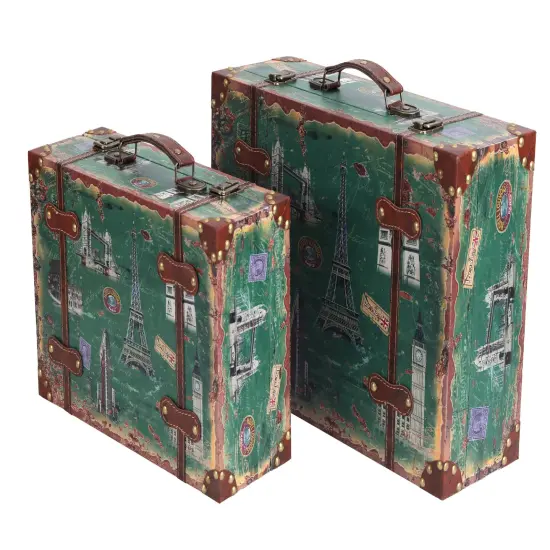Set of 2 European Landmarks Vintage Wooden Luggage with Leather Straps and Handle {3}
