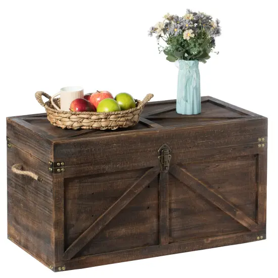 Brown Large Wooden Lockable Trunk Farmhouse Style Rustic Design Lined Storage Chest with Rope Handles {1}