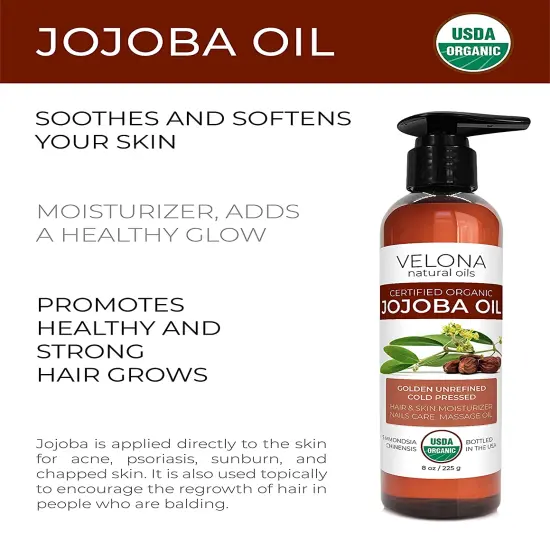Velona Jojoba Oil USDA Certified Organic - 8 oz | 100% Pure and Natural Carrier Oil| Golden, Unrefined, Cold Pressed, Hexane Free | Moisturizing Face, Hair, Body, Skin Care, Stretch Marks, Cuticles | Use Today - Enjoy Results {2}