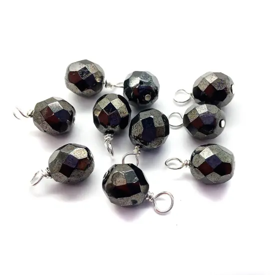 Gunmetal Fire-Polished Dangle Charms, 8mm Gray Czech Glass Beads, Set of 10 charms, Adorabilities {1}