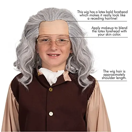 Grey Benjamin Franklin Wig - Receding Hairline Old People Senior Citizen Gray Balding Costume Wigs Dress Up Accessories Head Cap {3}