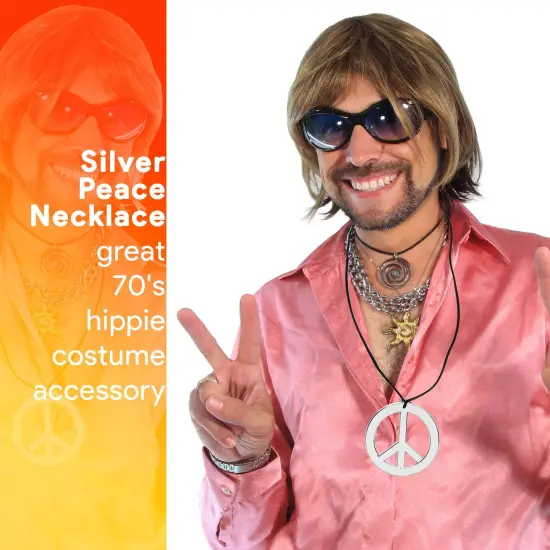 Silver Peace Sign Pendant - 1960s 1970s Hippie Party Accessories Necklace - 1 Piece {2}