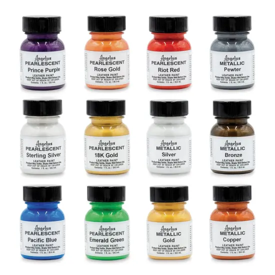 Angelus Acrylic Leather Paint Set - Metallic and Pearlescent, Assorted Colors, Set of 12 {1}