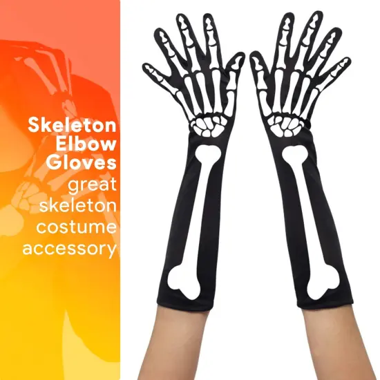 Bone Hand Skeleton Gloves - Skeleton Accessories Stretch Elbow Gloves for Adults and Kids Black {2}