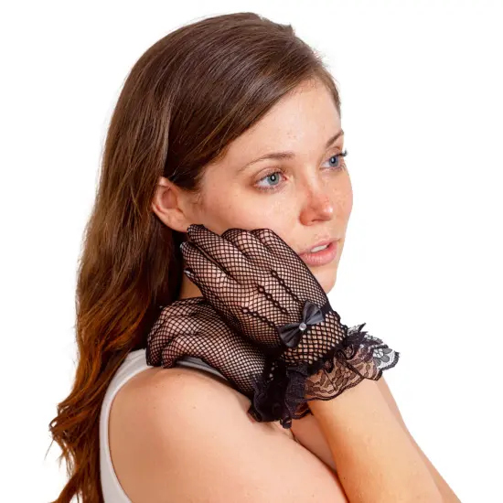 Dress Lace Hand Gloves - Vintage Formal Black Sheer Evening Gloves with Satin Bow and Lace Ruffle Wrist Cuffs for Women and Girls {2}
