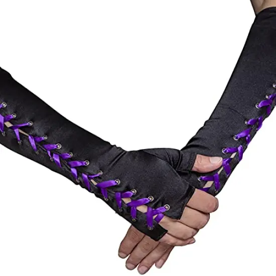 Fingerless Lace Up Gloves - Long Black Costume Elbow Arm Warmer Accessories with Purple Satin Laced Tie for Dress Up {4}