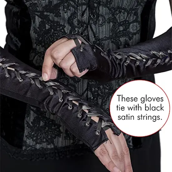 Fingerless Lace Up Gloves - Long Black Costume Elbow Arm Warmer Accessories with Black Satin Laced Tie for Dress Up {4}