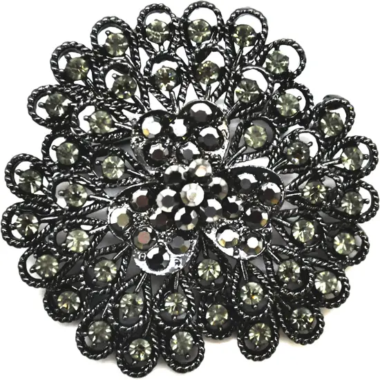 Belagio Rhinestone Brooch, 2.5" Diameter, 1 Piece, Peacock Fan, Black/Metal Gray {1}