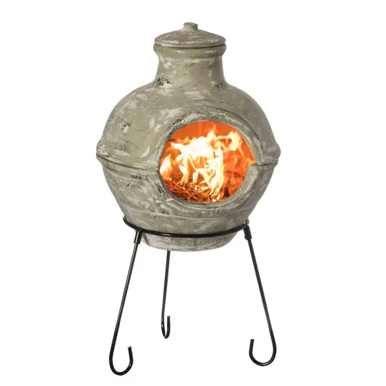 Beige Outdoor Clay Chiminea Barbecue Firepit Accent Design Charcoal Burning Fire Pit with Sturdy Metal Stand, Barbecue, Cocktail Party, Family Gathering, Cozy Nights Fire Pit {1}