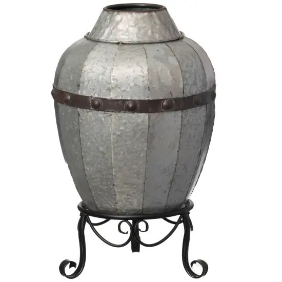 Rustic Silver Galvanized Barrel Shape Planter and Vase with Metal Stand {3}
