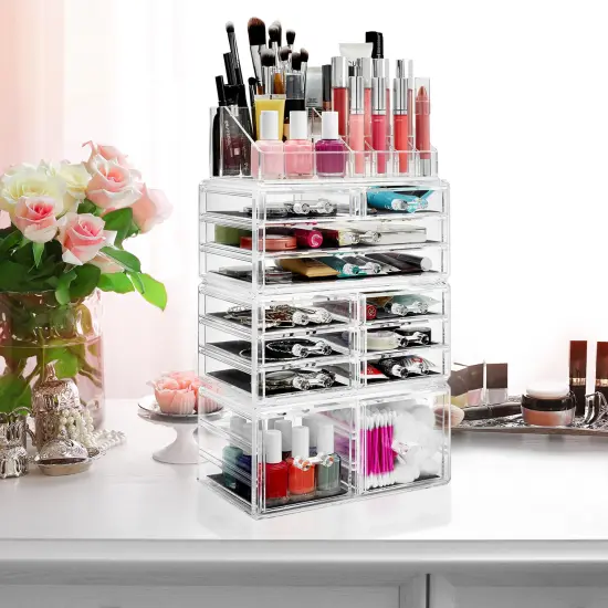 Casafield Acrylic Cosmetic Makeup Organizer & Jewelry Storage Display Case - Large 16 Slot, 2 Box & 10 Drawer Set - Clear {6}