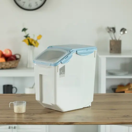 Set of 2 White Plastic Storage Food Holder Containers, with a Measuring Cup and Wheels {3}