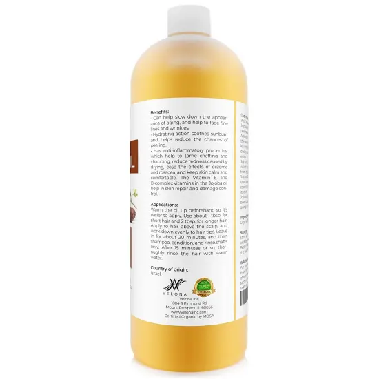 Velona Jojoba Oil USDA Certified Organic - 32 oz | 100% Pure and Natural Carrier Oil| Golden, Unrefined, Cold Pressed, Hexane Free | Moisturizing Face, Hair, Body, Skin Care, Stretch Marks, Cuticles | Use Today - Enjoy Results {6}