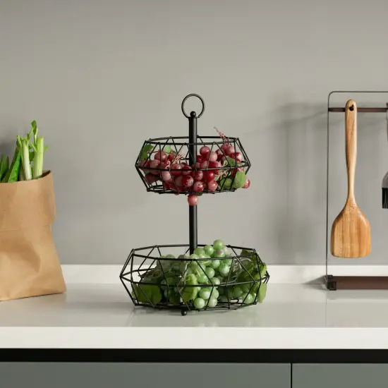 2 Tier Free Standing Countertop Fruit Basket for Kitchen | Detachable Carbon Steel Stable Fruit Storage Organizer for Breads, Snacks, and Vegetable, Black {2}
