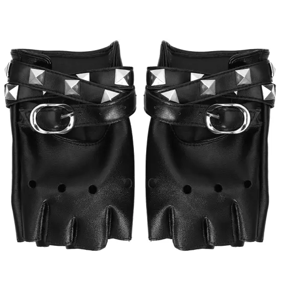 Fingerless Faux Leather Gloves - Black Biker Punk Gloves with Belt Up Closure and Rivet Design for Women and Kids {3}