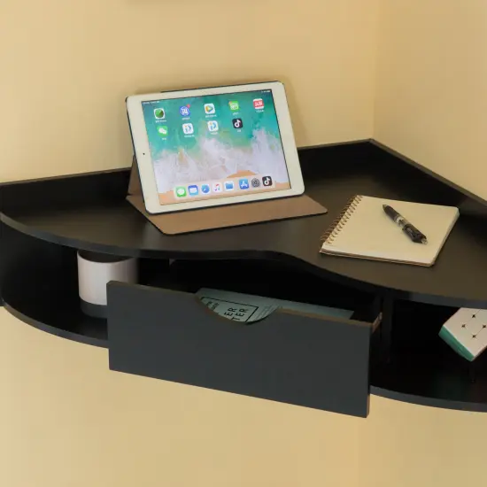 Corner Desk Heart Shaped Wall Mounted Office Table with Drawer and Two Shelves Computer Writing Desk Black {3}