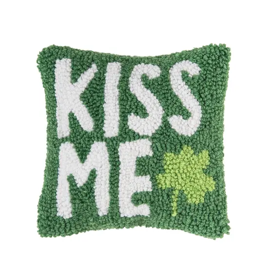 St. Patrick's Day "Kiss Me" Clover Hooked Small/Petite Accent Pillow, 8" x 8" {1}