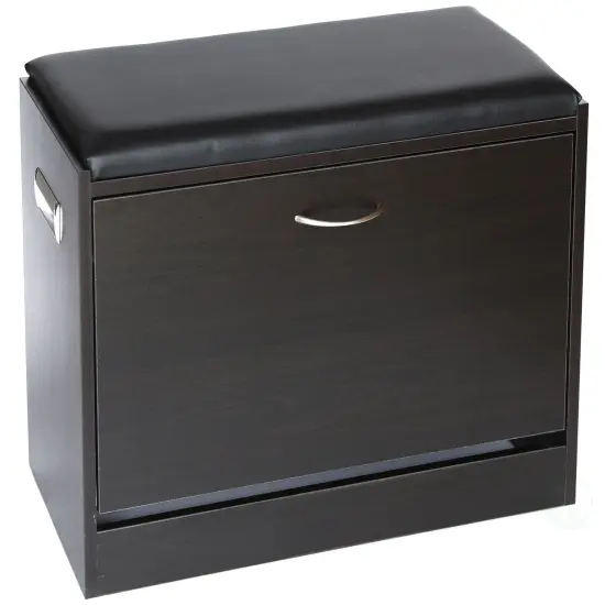 Black Wooden Fold-out Shoe Organizer - Shoe Storage Bench with Leather Cushion {1}