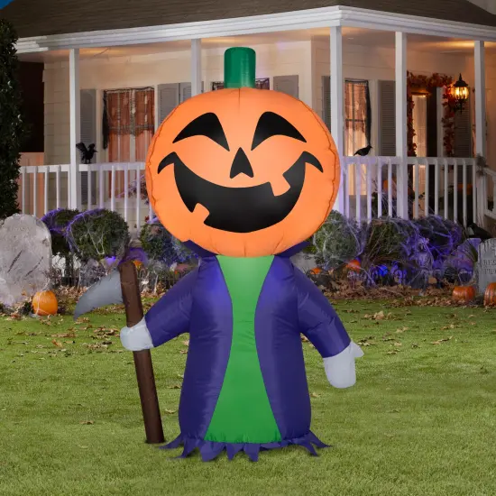 4' Gemmy Airblown Inflatable Purple Pumpkin Reaper Holding Sickle 226422 {2}