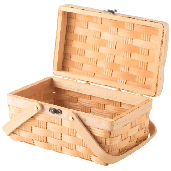 Small Woodchip Picnic Basket with Cover and Folding Handles {4}