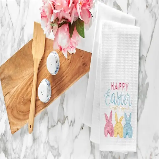 Pink Blue & Yellow Easter Bunnies Bunny Rabbits Embroidered Waffle Weave Kitchen Dishtowel {3}