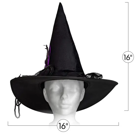 Deluxe Pointed Witch Hat - Glamorous Black Witches Accessories Fancy Velvet Hat with Flowers, Beads and Purple Feathers {6}