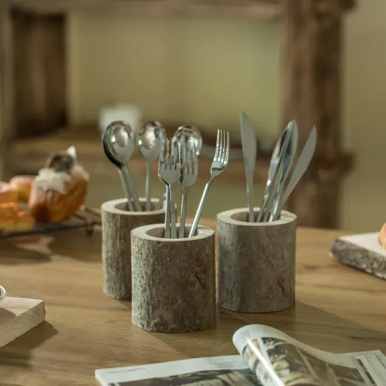 Set of 3 Rustic Wooden Round Handcrafted Holder Organizer for Flatware Utensil and Supplies {2}