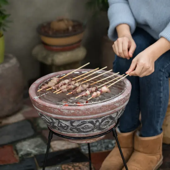 Outdoor Small Red and Gray Clay Grill Accent Design Charcoal Burning Fire Pit with Sturdy Metal Stand, Barbecue, Cocktail Party, Family Gathering, Cozy Nights Fire Pit {3}