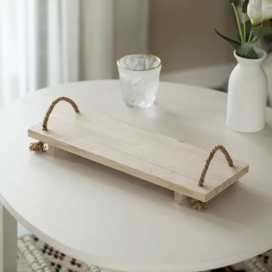 Decorative Natural Wood Rectangular Tray Serving Board with Rope Handles {3}