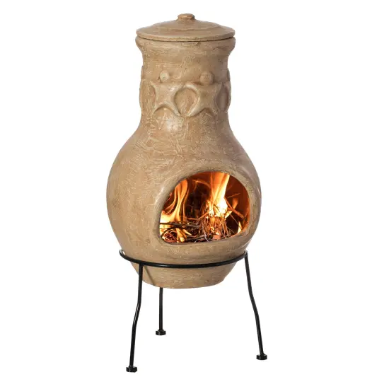 Beige Outdoor Clay Chiminea Outdoor Fireplace Maya Design Charcoal Burning Fire Pit with Sturdy Metal Stand, Barbecue, Cocktail Party, Family Gathering, Cozy Nights Fire Pit {1}