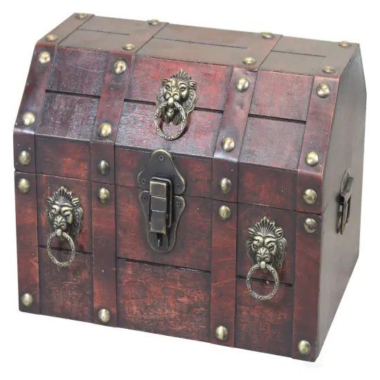 Antique Wooden Pirate Treasure Chest with Lion Rings and Lockable Latch {2}
